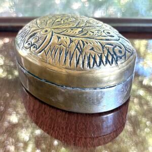 Vintage Brass Tone Trinket Box India Etched Floral Oval Box